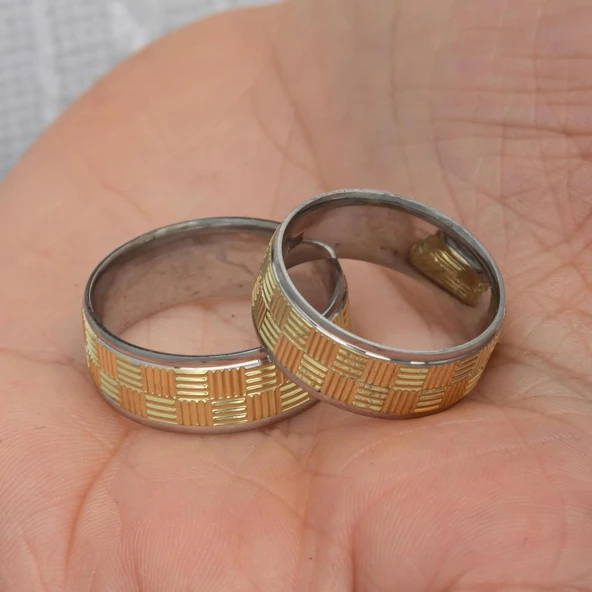Kare Çizgili Çift 925 Gümüş Alyans Yüzük - Resim 11