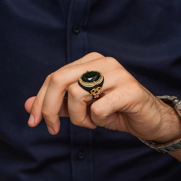 Oval Yeşil Taşlı 925 Ayar Gümüş Yüzük - 2