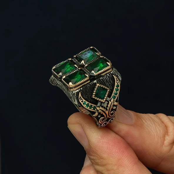 Yeşil 4 Taşlı 925 Gümüş Erkek Yüzük - Resim 8