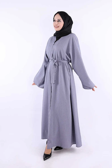 Çıt Çıt Düğmeli Bel Kuşaklı Abaya 70017 Gri - Resim 2
