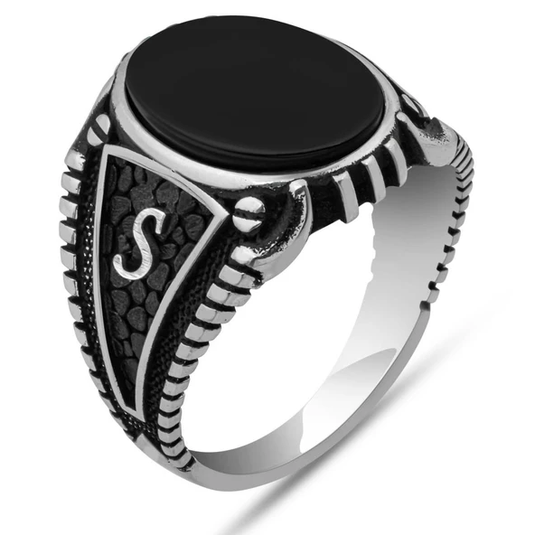 Oniks Taşlı Harfli 925 Gümüş Yüzük - Resim 5