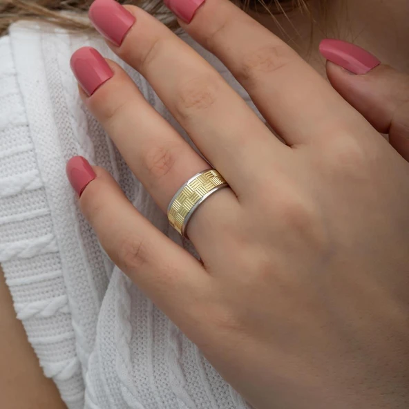 Kare Çizgili Çift 925 Gümüş Alyans Yüzük - Resim 10