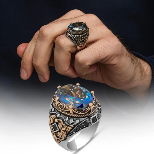 Oval Mistik Topaz Taşlı 925 Gümüş Erkek Yüzük