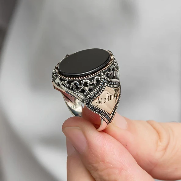 Gümüş Siyah Oniks Taşlı Harfli Erkek Gümüş Yüzük - 8