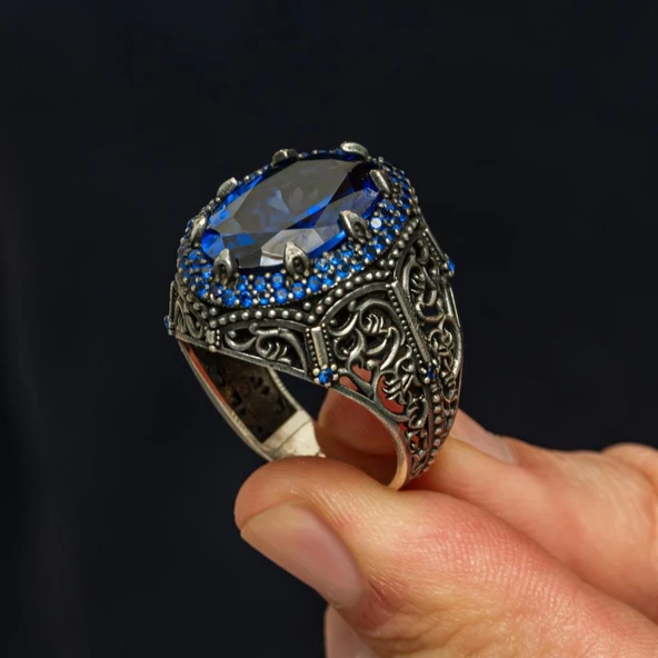 Oval Parlament Taşlı 925 Gümüş Erkek Yüzük - Resim 5