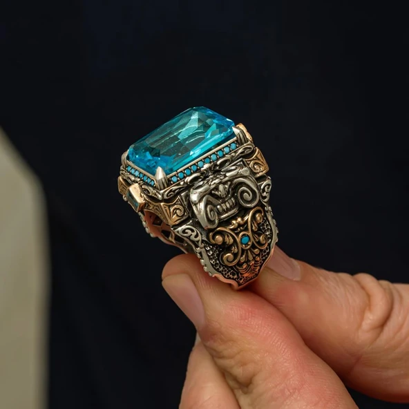 İslam Usta Koleksiyonu Mavi Taşlı 925 Gümüş Yüzük - Resim 8