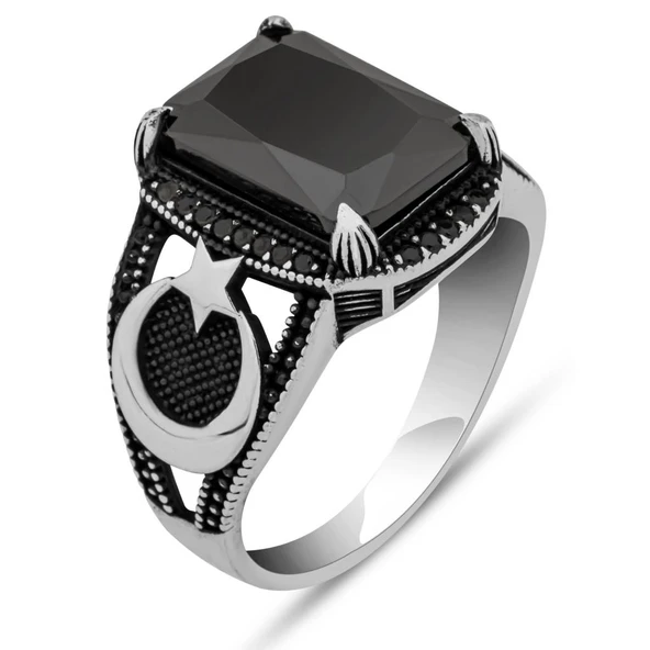 Ayyıldız Desenli Siyah Taşlı 925 Gümüş Erkek Yüzük - Resim 2