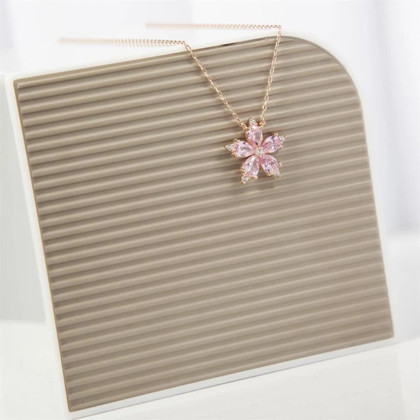 Pembe Taşlı Kamelya Çiçeği 925 Gümüş Kadın Kolye - 2