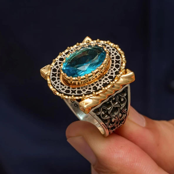 Aqua Mavi Taşlı 925 Ayar Erkek Gümüş Yüzük - Resim 4