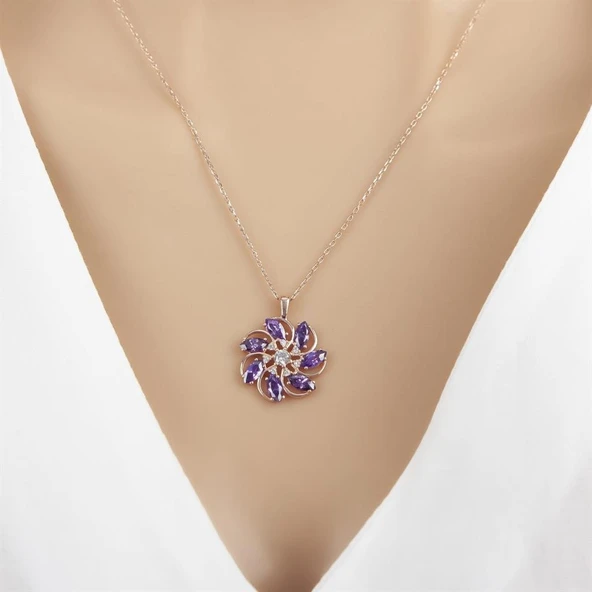Mor Taşlı Pervane Modeli 925 Gümüş Kadın Kolye