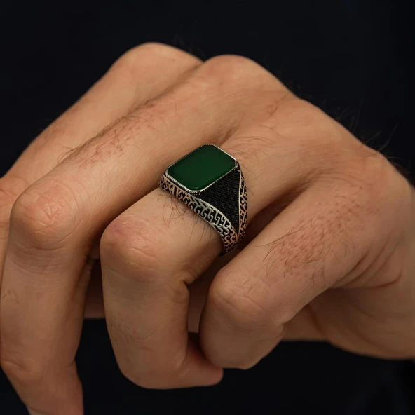 Yeşil Akik Taşlı Kare 925 Erkek Gümüş Yüzük - Resim 6