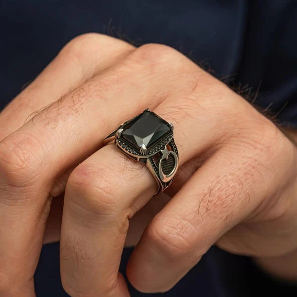 Ayyıldız Desenli Siyah Taşlı 925 Gümüş Erkek Yüzük - Resim 6