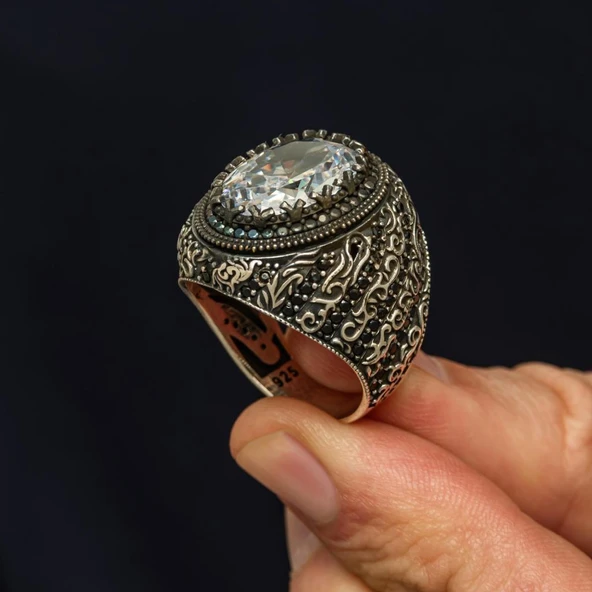 Oval Beyaz Zirkon Taşlı 925 Gümüş Erkek Yüzük ürün görseli