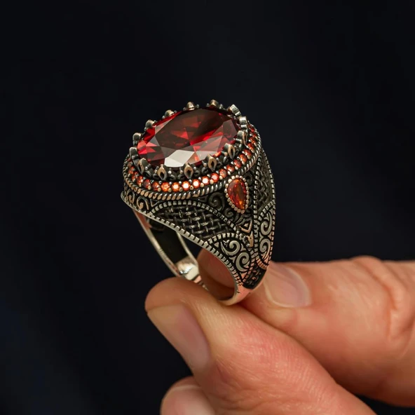 Oval Kırmızı Taşlı 925 Gümüş Erkek Yüzük - Resim 3
