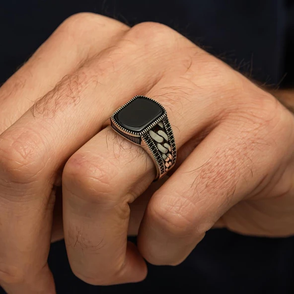 Akik Taşlı Kare Gurmet Model 925 Erkek Gümüş Yüzük - Resim 6