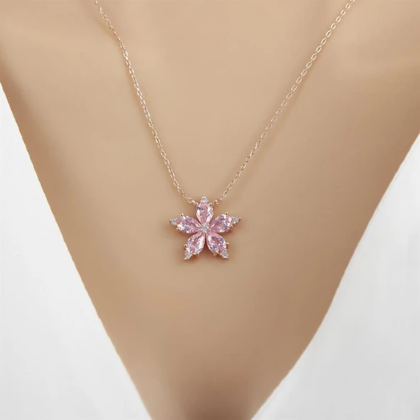 Pembe Taşlı Kamelya Çiçeği 925 Gümüş Kadın Kolye