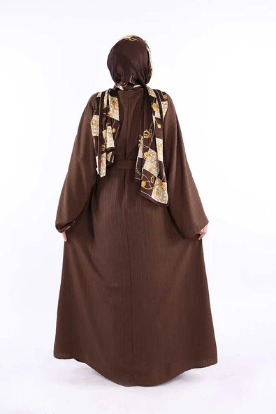 Çıt Çıt Düğmeli Bel Kuşaklı Abaya 70017 Kahverengi - Resim 3