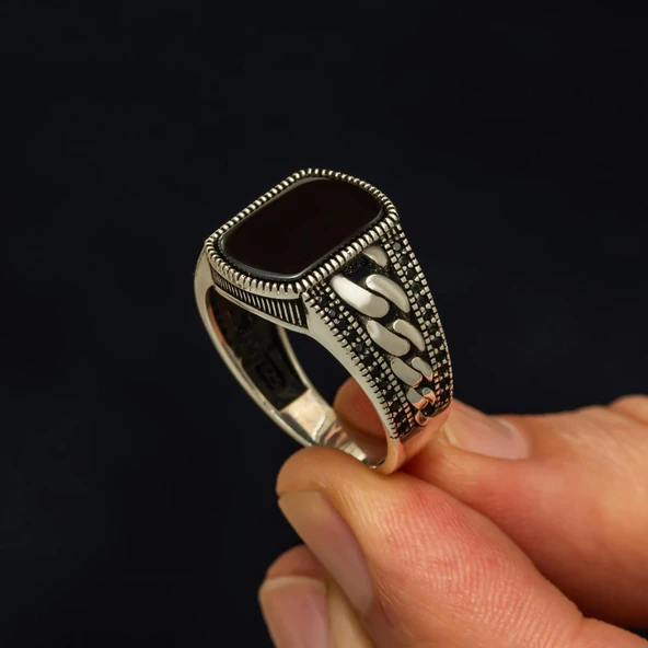 Akik Taşlı Kare Gurmet Model 925 Erkek Gümüş Yüzük - Resim 5