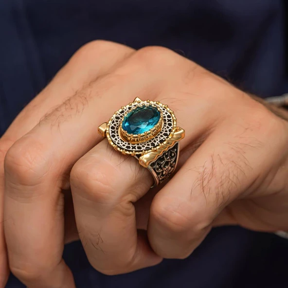 Aqua Mavi Taşlı 925 Ayar Erkek Gümüş Yüzük - Resim 10