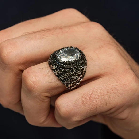 Oval Beyaz Zirkon Taşlı 925 Gümüş Erkek Yüzük - Resim 4