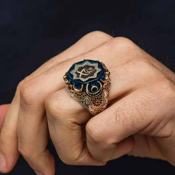 Zülfikar Ali Yazılı Mavi Taşlı 925 Gümüş Yüzük - Resim 4