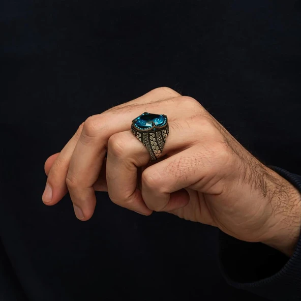 Oval Aqua Mavi Taşlı 925 Gümüş Erkek Yüzük - Resim 4