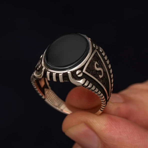 Oniks Taşlı Harfli 925 Gümüş Yüzük - Resim 4