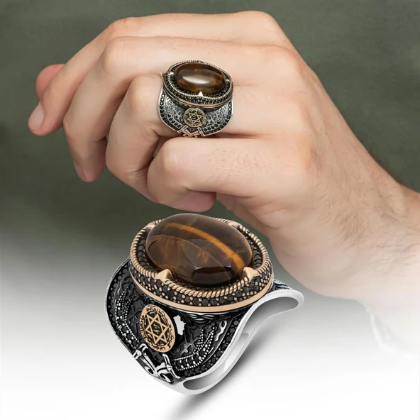 Kaplan Gözü Taşlı Süleyman Mührü 925 Gümüş Erkek Yüzük ürün görseli