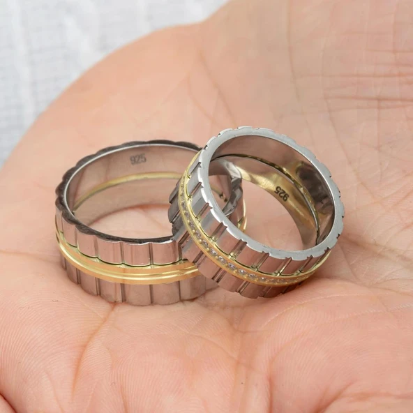 Dik Çizgili Taşlı Çift 925 Gümüş Alyans Yüzük - Resim 9