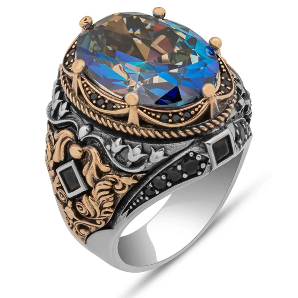 Oval Mistik Topaz Taşlı 925 Gümüş Erkek Yüzük - 2