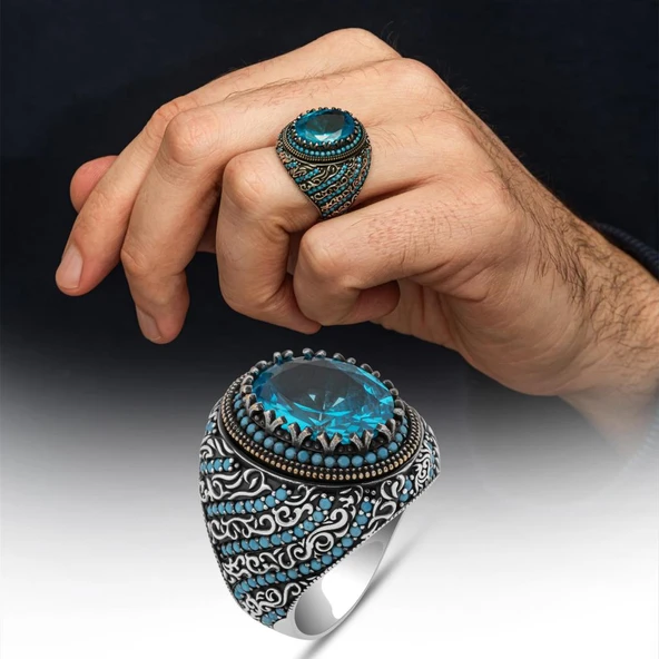 Oval Aqua Mavi Taşlı 925 Gümüş Erkek Yüzük ürün görseli