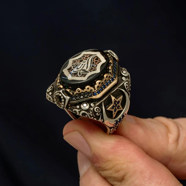 Elhamdülillah Yazılı  Ayyıldız Motifli 925 Gümüş Yüzük - Resim 3