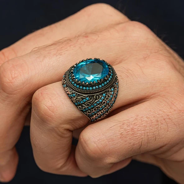Oval Aqua Mavi Taşlı 925 Gümüş Erkek Yüzük - Resim 3