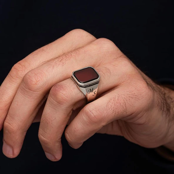 Akik Taşlı Harfli 925 Gümüş Yüzük - 8