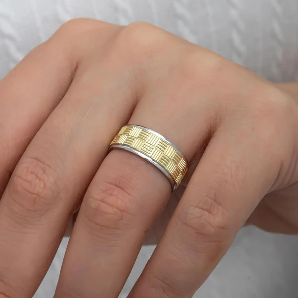 Kare Çizgili Çift 925 Gümüş Alyans Yüzük - Resim 7