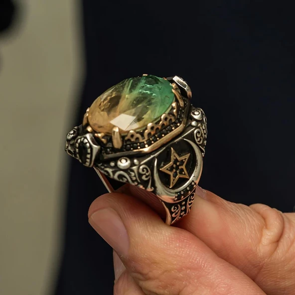 Turmolin Taşlı Ayyıldız Motifli 925 Gümüş Yüzük - Resim 3