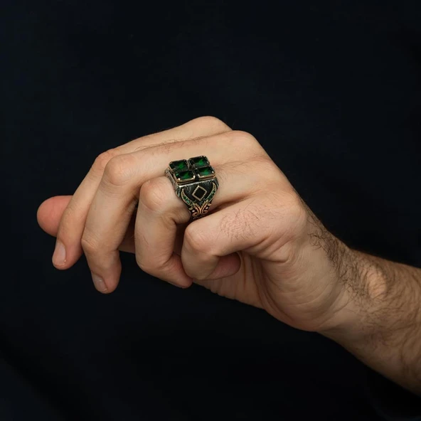 Yeşil 4 Taşlı 925 Gümüş Erkek Yüzük - Resim 10