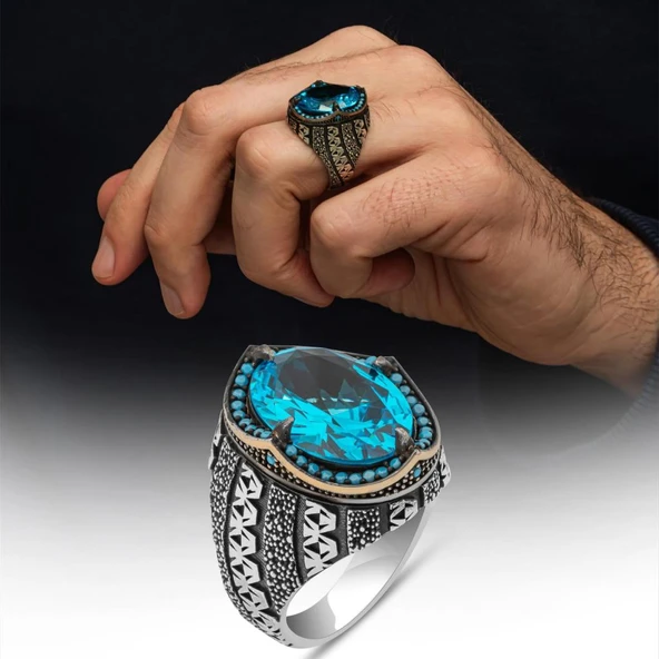 Oval Aqua Mavi Taşlı 925 Gümüş Erkek Yüzük ürün görseli