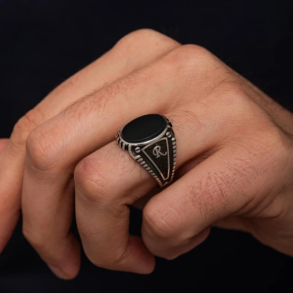 Oniks Taşlı Harfli 925 Gümüş Yüzük - Resim 8