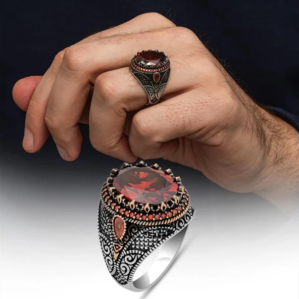 Oval Kırmızı Taşlı 925 Gümüş Erkek Yüzük ürün görseli