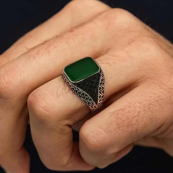Yeşil Akik Taşlı Kare 925 Erkek Gümüş Yüzük - Resim 3