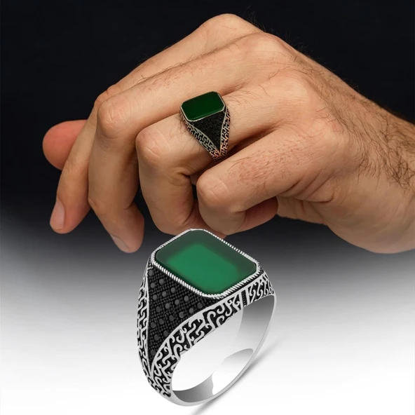 Yeşil Akik Taşlı Kare 925 Erkek Gümüş Yüzük ürün görseli