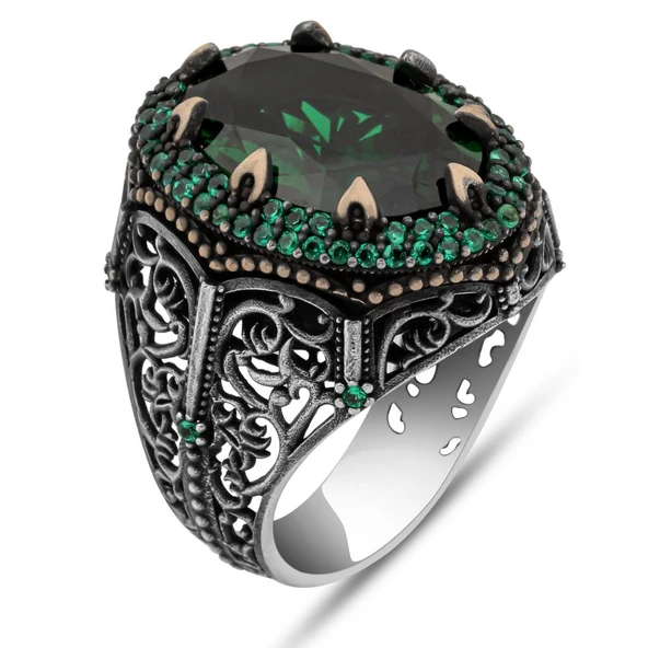 Oval Yeşil Taşlı 925 Gümüş Erkek Yüzük - Resim 2