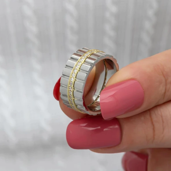 Dik Çizgili Taşlı Çift 925 Gümüş Alyans Yüzük - Resim 8