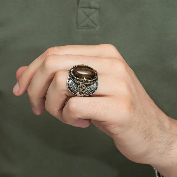 Kaplan Gözü Taşlı Süleyman Mührü 925 Gümüş Erkek Yüzük - Resim 5
