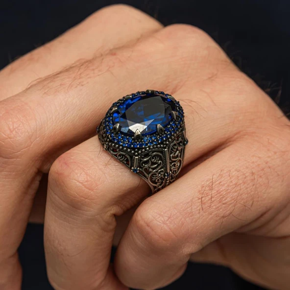 Oval Parlament Taşlı 925 Gümüş Erkek Yüzük - Resim 3