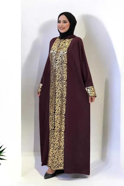 Arapça Harf Baskılı Abaya 70014 Bordo - 3