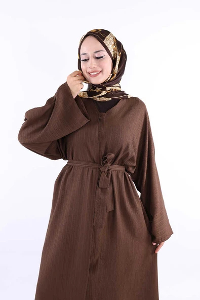 Çıt Çıt Düğmeli Bel Kuşaklı Abaya 70017 Kahverengi - Resim 4