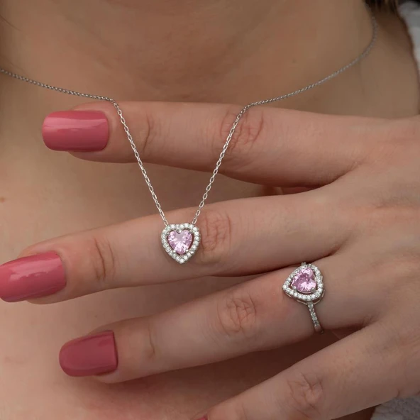 Kalpli Pembe Taşlı Gümüş Bayan Takı Seti - 12
