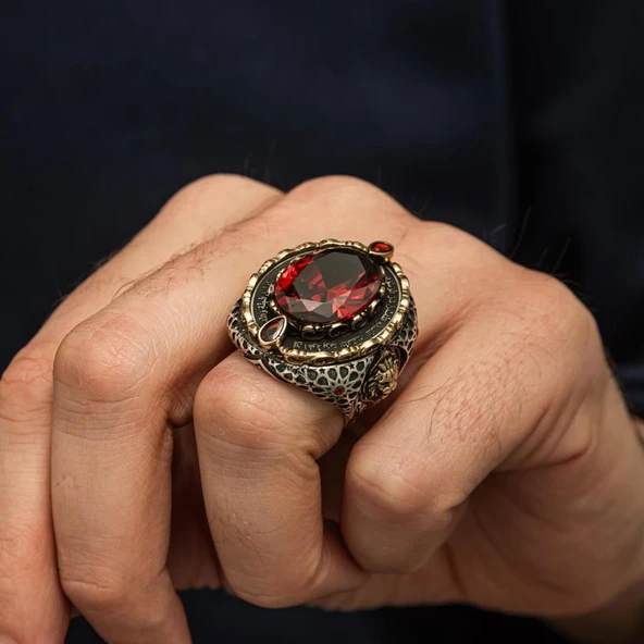 Kırmızı Taşlı Aslan Başı 925 Ayar Erkek Gümüş Yüzük - Resim 4